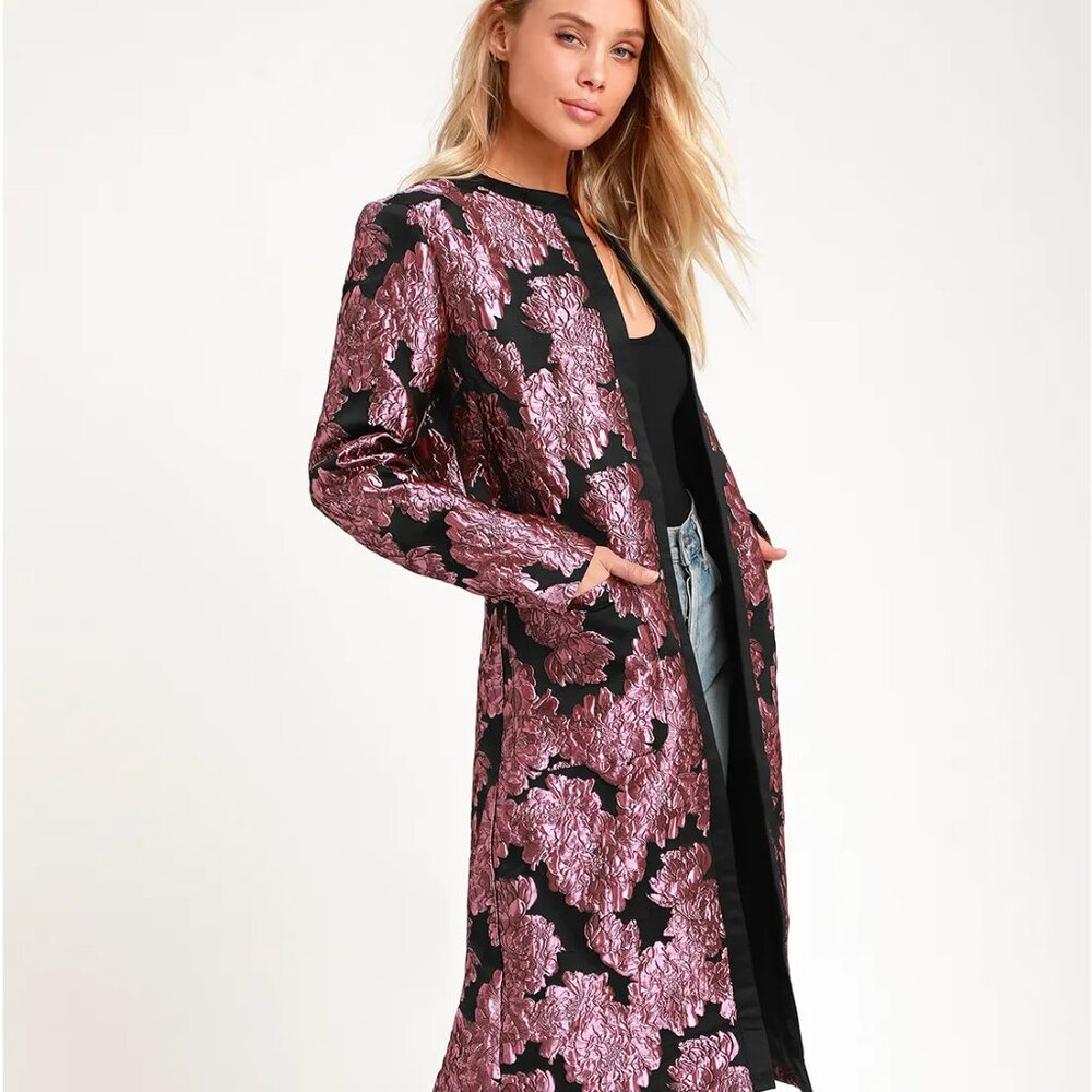 NWT Lulu's Mayia Purple and Black Jacquard Floral Print Long Jacket - Picture 14 of 15